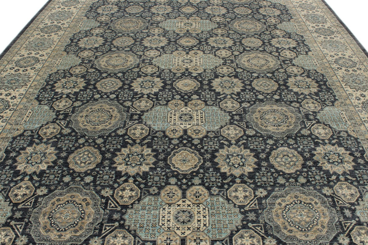 10x14 Navy and Ivory Anatolian Tribal Rug