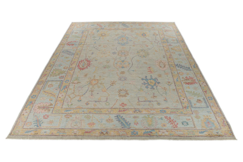 10x14 Light Gray and Blue Turkish Oushak Rug