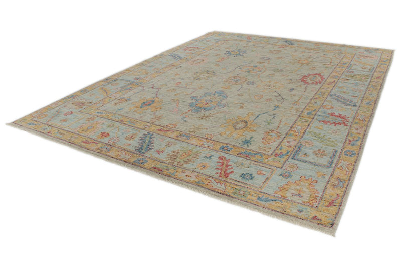 10x14 Light Gray and Blue Turkish Oushak Rug