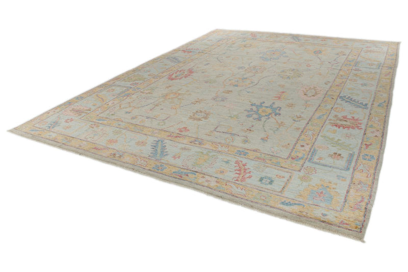 10x14 Light Gray and Blue Turkish Oushak Rug