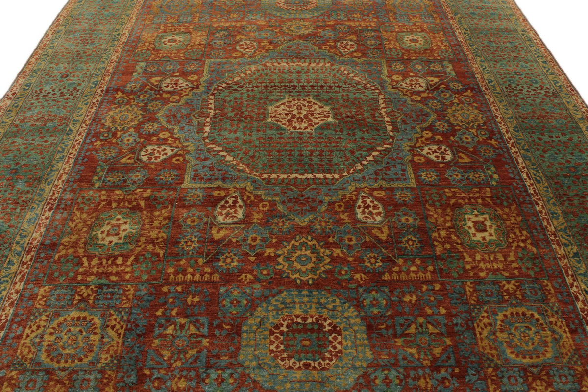 9x12 Rust and Green Turkish Tribal Rug