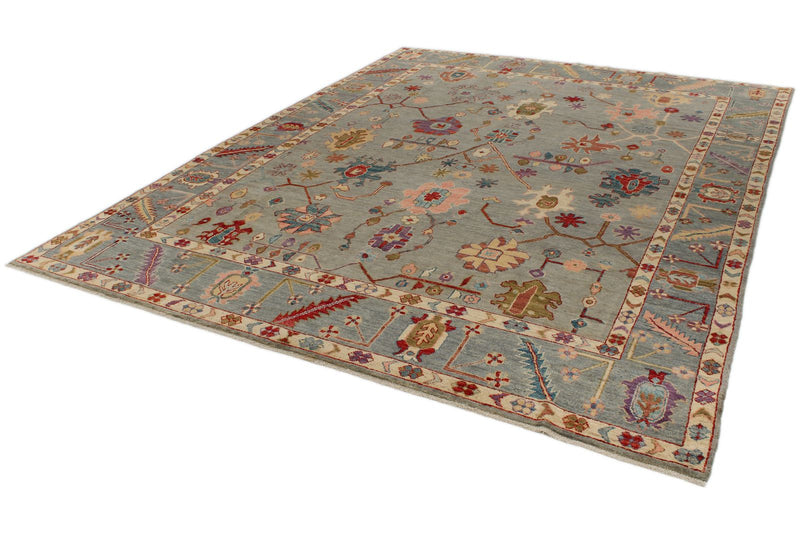 9x12 Gray and Blue Turkish Oushak Rug
