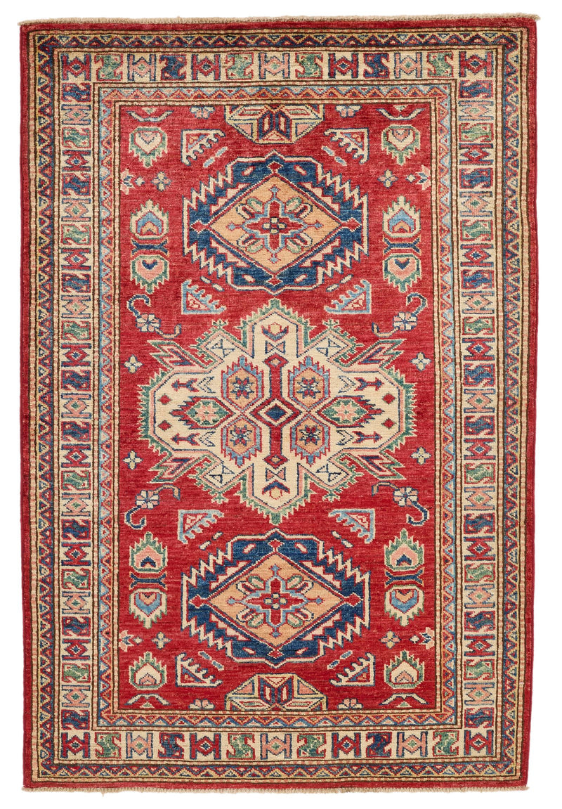 3x5 Red and Ivory Kazak Tribal Rug