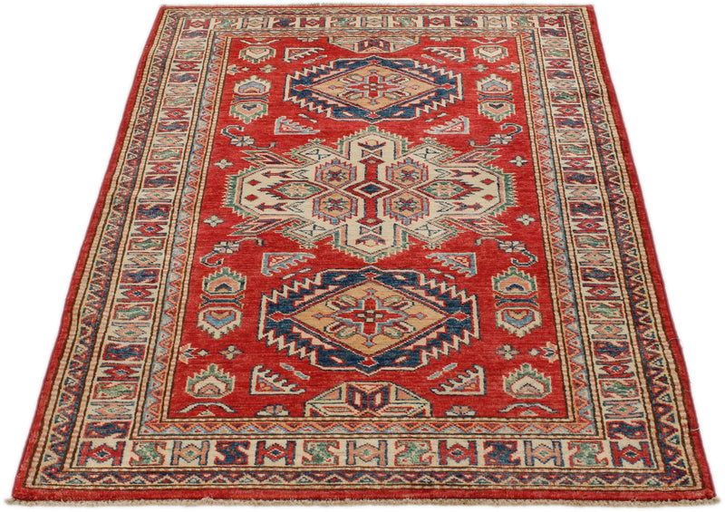 3x5 Red and Ivory Kazak Tribal Rug