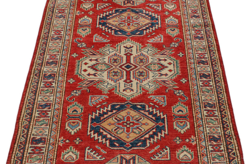 3x5 Red and Ivory Kazak Tribal Rug