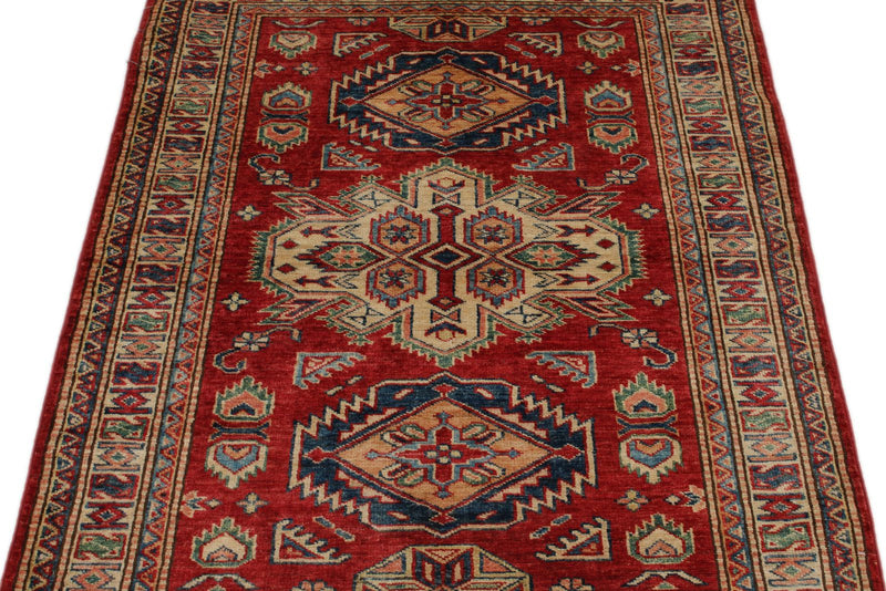 3x5 Red and Ivory Kazak Tribal Rug