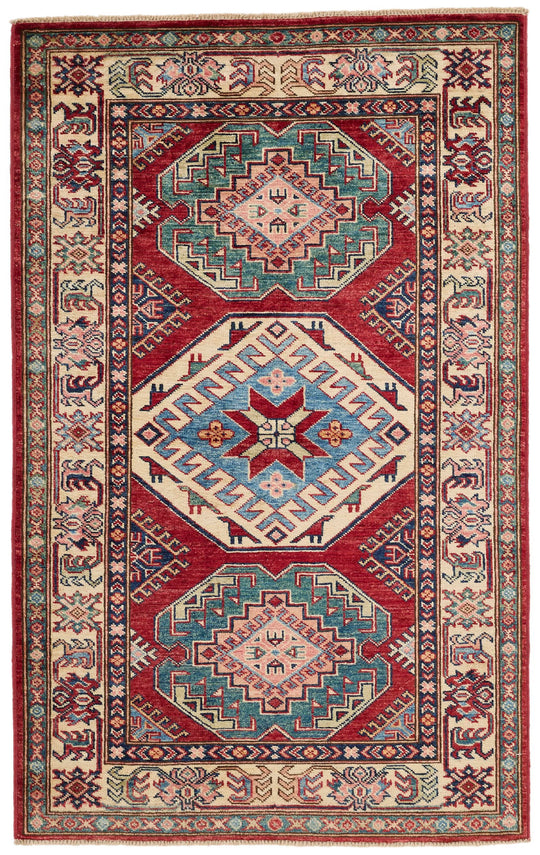 3x5 Red and Ivory Kazak Tribal Rug