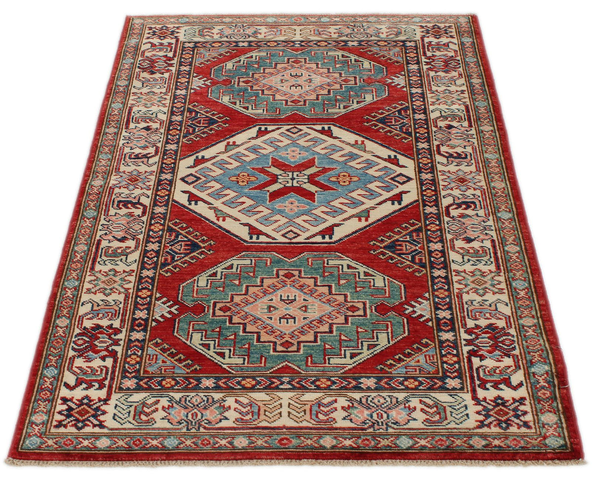 3x5 Red and Ivory Kazak Tribal Rug