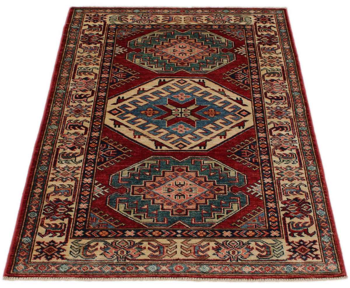 3x5 Red and Ivory Kazak Tribal Rug