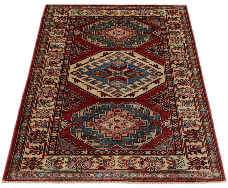 3x5 Red and Ivory Kazak Tribal Rug