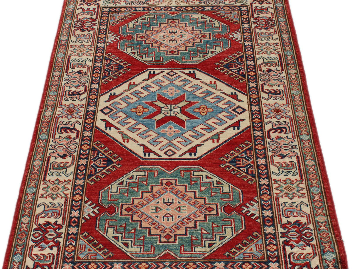 3x5 Red and Ivory Kazak Tribal Rug