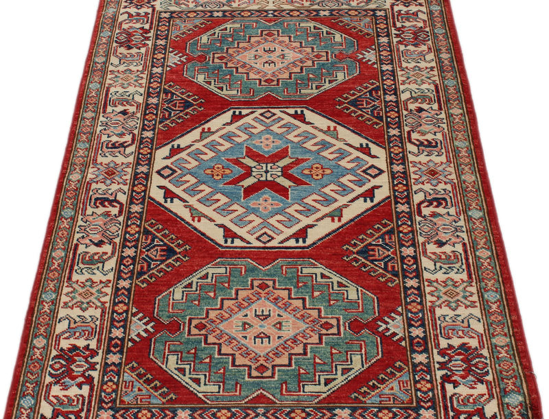 3x5 Red and Ivory Kazak Tribal Rug