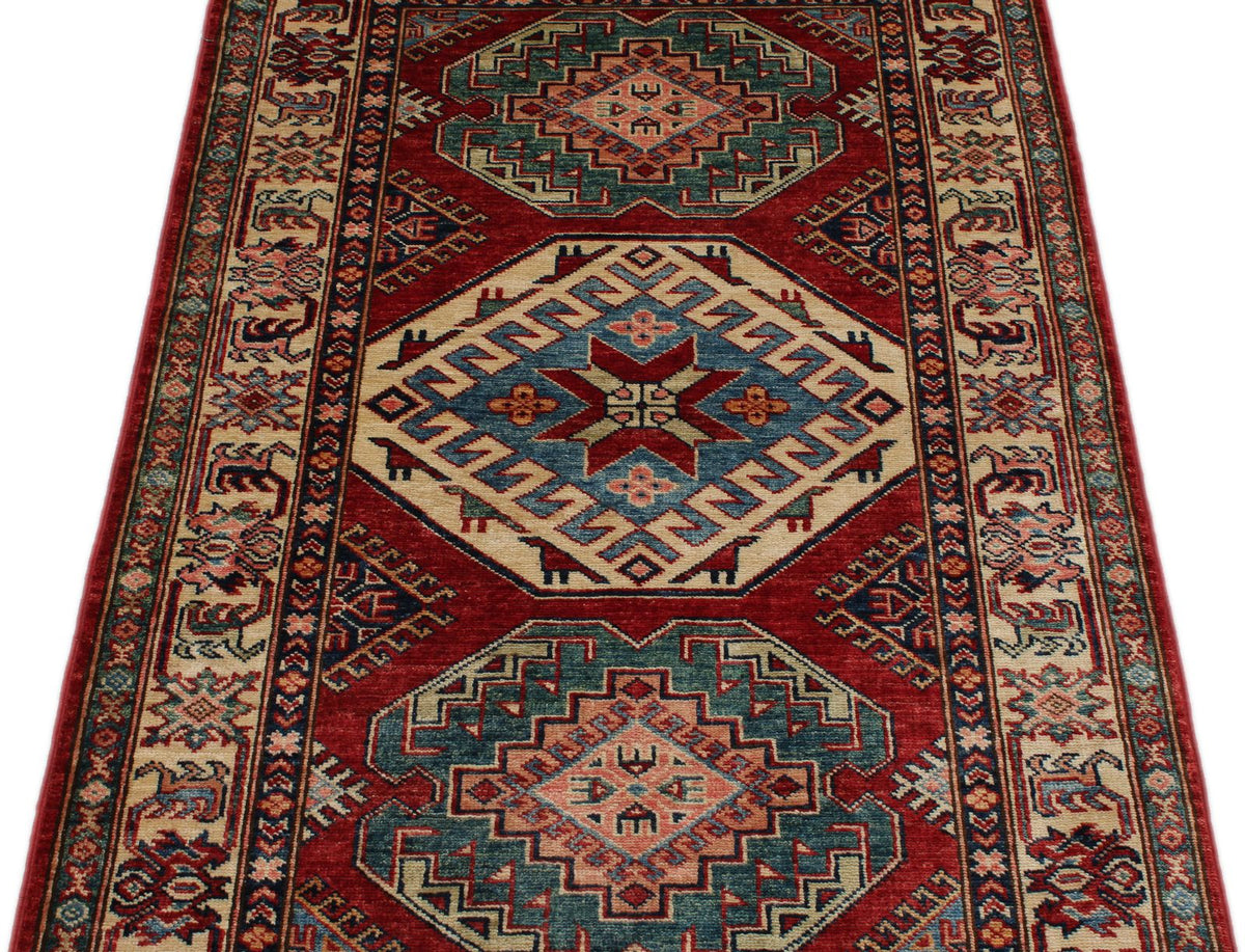 3x5 Red and Ivory Kazak Tribal Rug