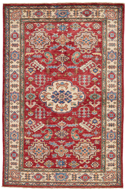 3x5 Red and Ivory Kazak Tribal Rug