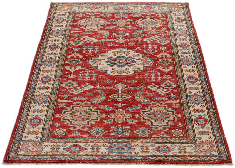 3x5 Red and Ivory Kazak Tribal Rug