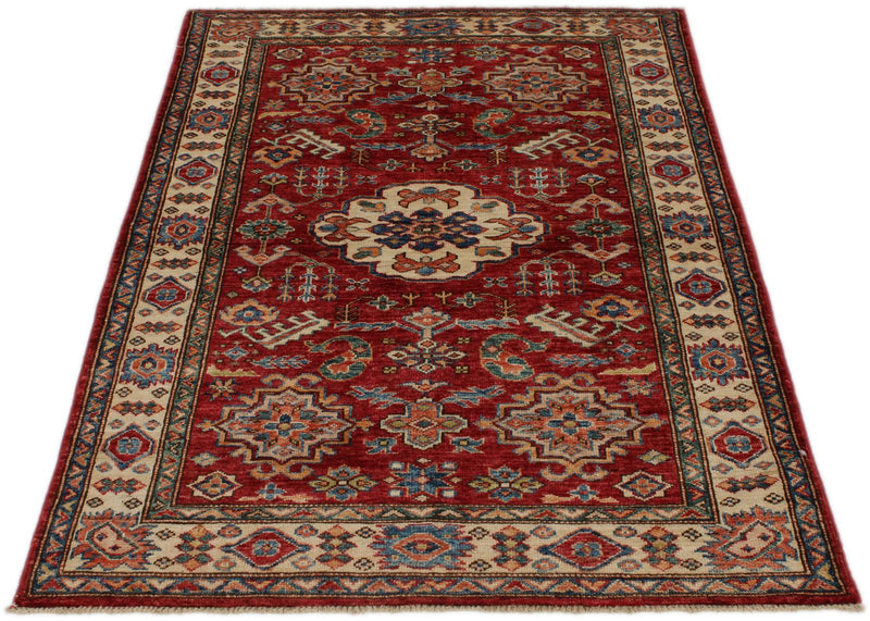 3x5 Red and Ivory Kazak Tribal Rug