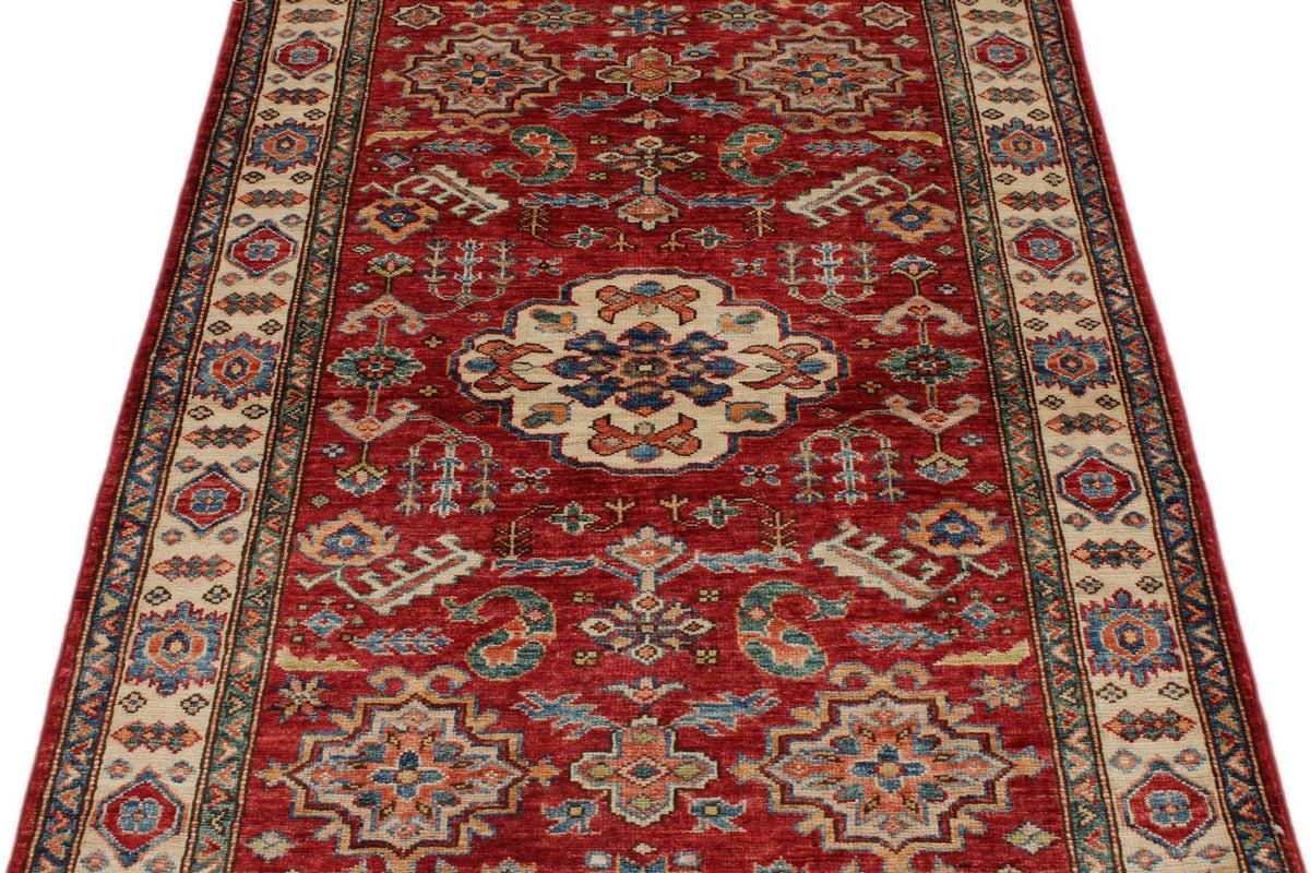 3x5 Red and Ivory Kazak Tribal Rug