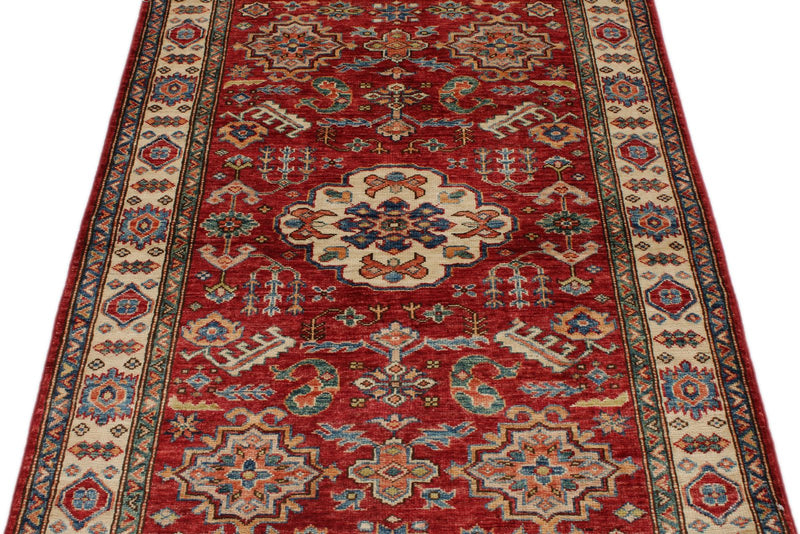 3x5 Red and Ivory Kazak Tribal Rug