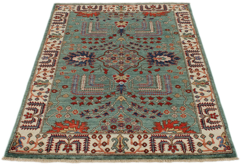 3x5 Green and Ivory Anatolian Traditional Rug