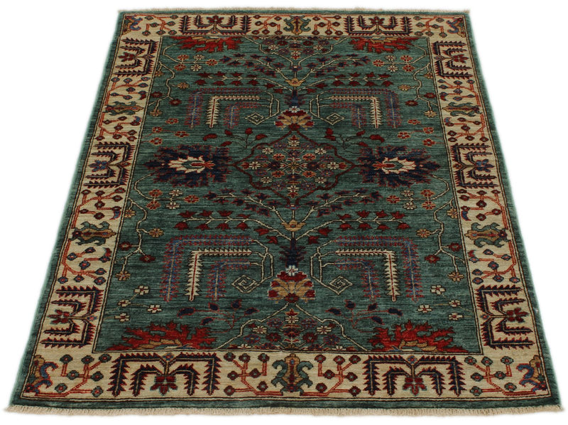 3x5 Green and Ivory Anatolian Traditional Rug