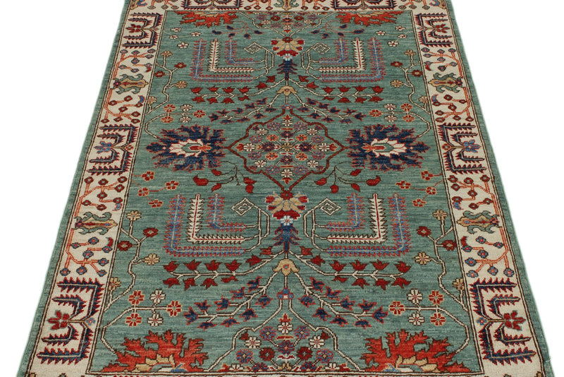 3x5 Green and Ivory Anatolian Traditional Rug
