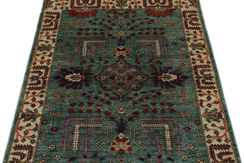 3x5 Green and Ivory Anatolian Traditional Rug