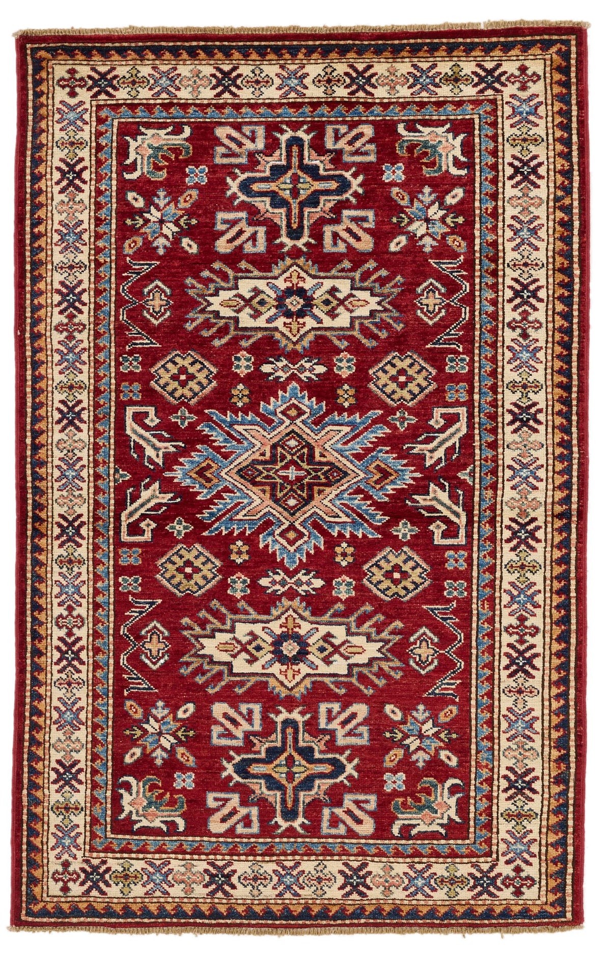 3x5 Burgundy and Ivory Kazak Tribal Rug
