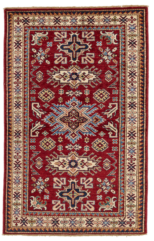 3x5 Burgundy and Ivory Kazak Tribal Rug