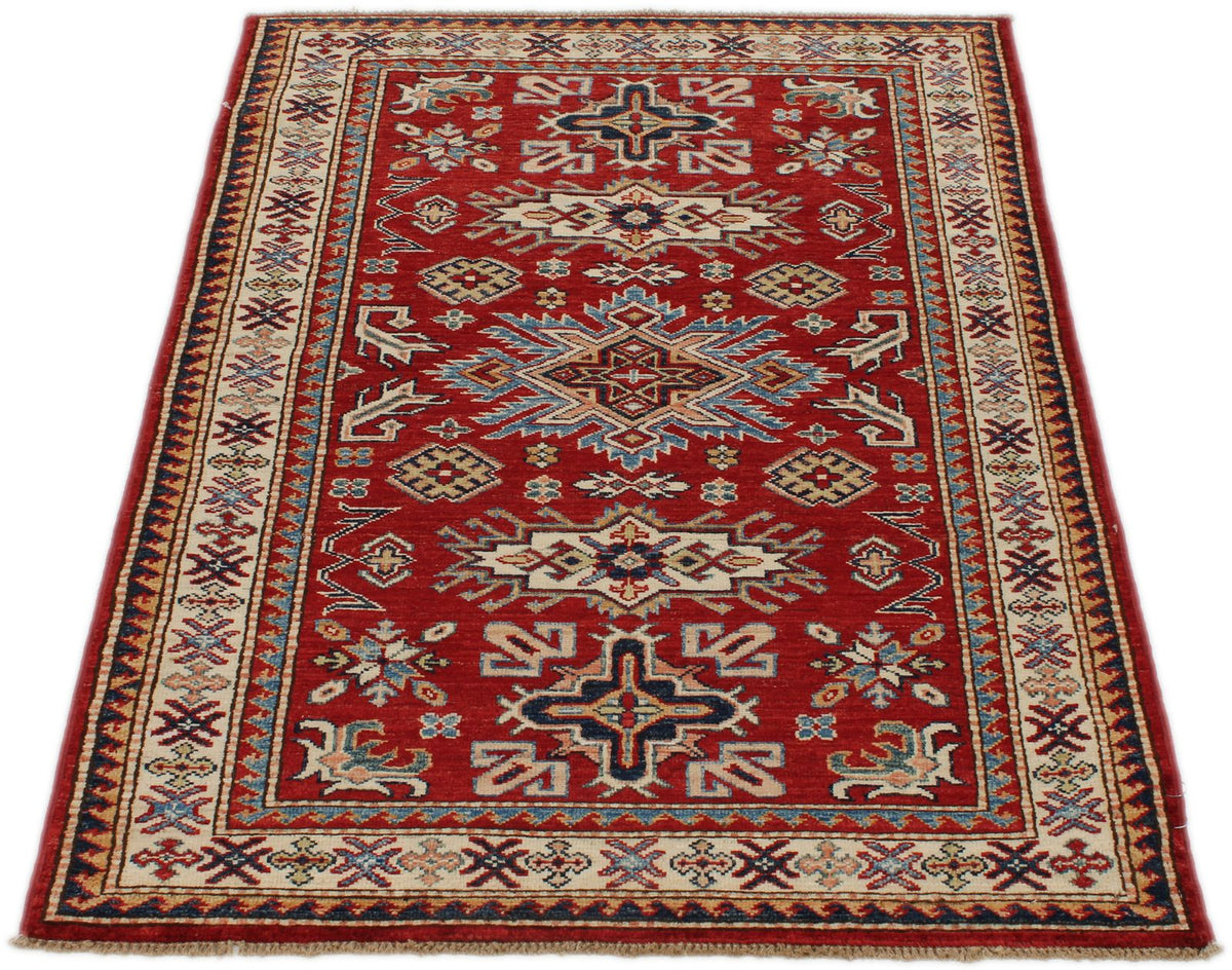 3x5 Burgundy and Ivory Kazak Tribal Rug