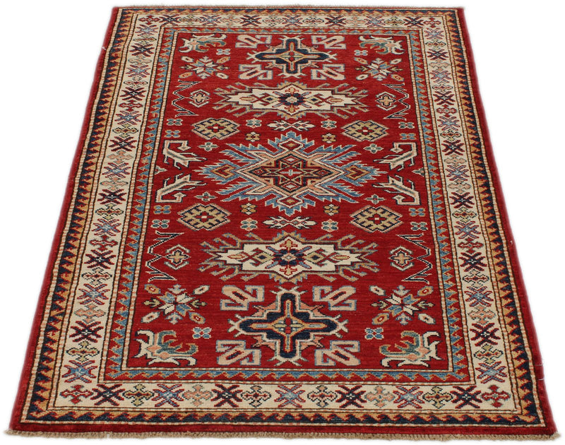 3x5 Burgundy and Ivory Kazak Tribal Rug