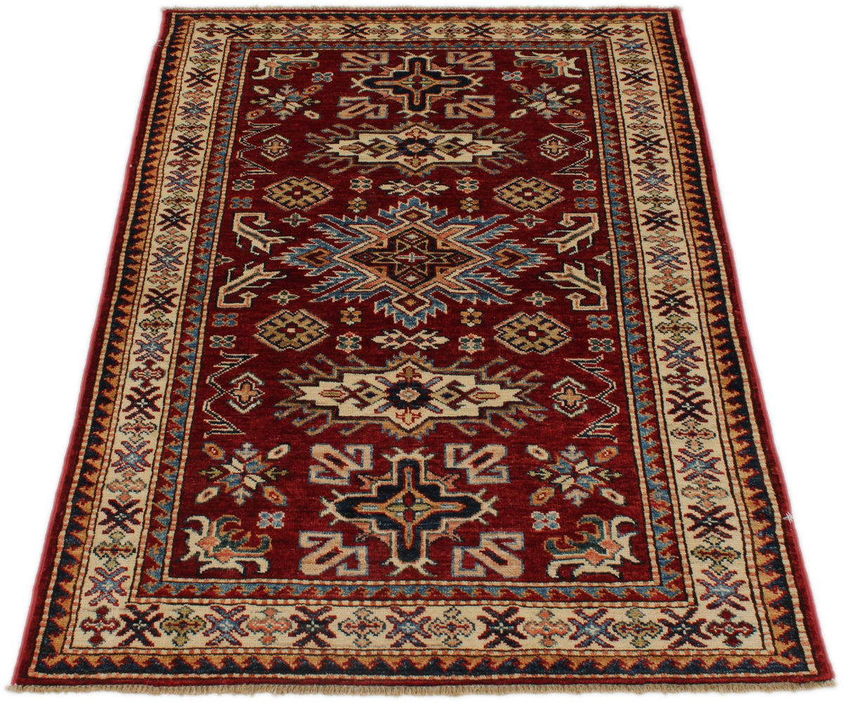 3x5 Burgundy and Ivory Kazak Tribal Rug
