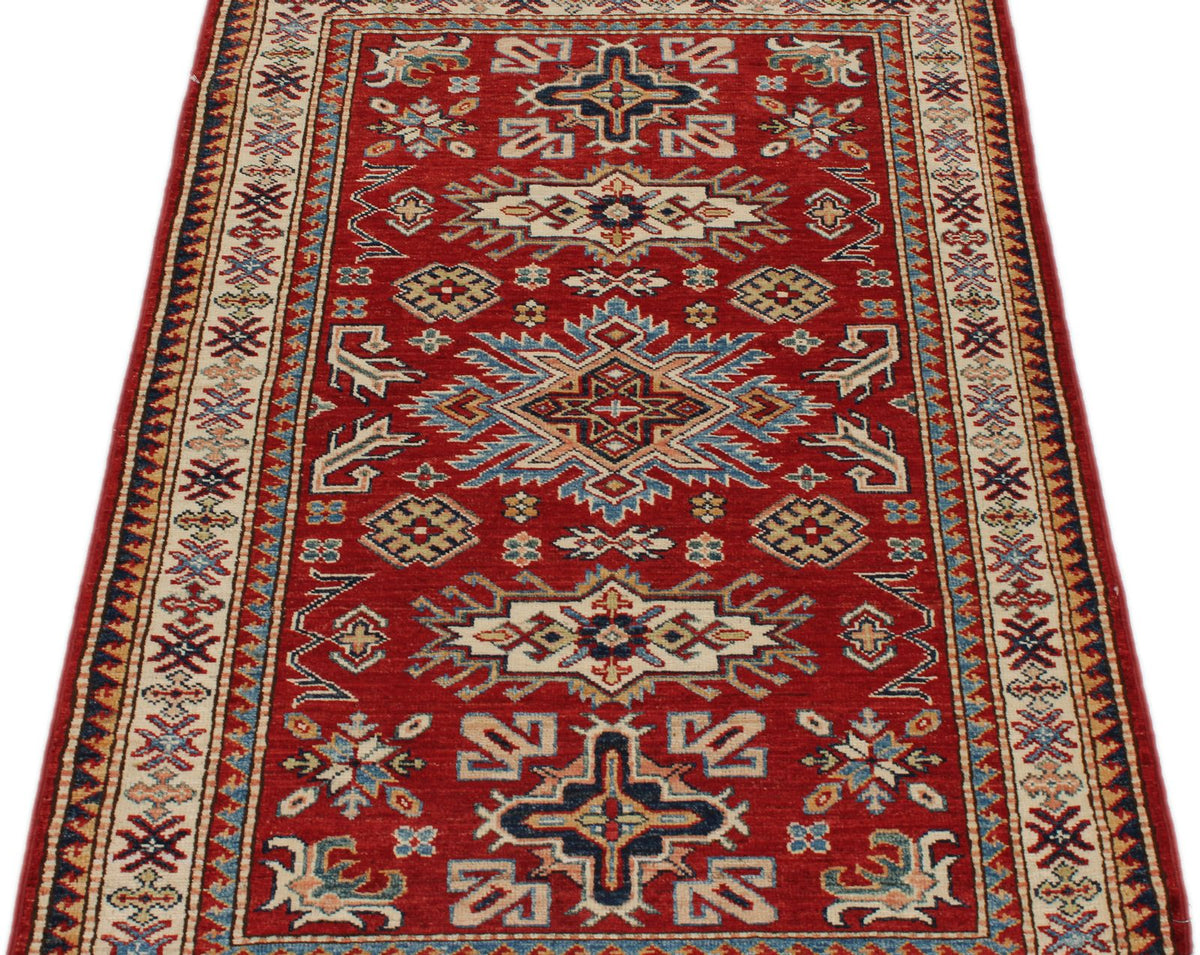 3x5 Burgundy and Ivory Kazak Tribal Rug