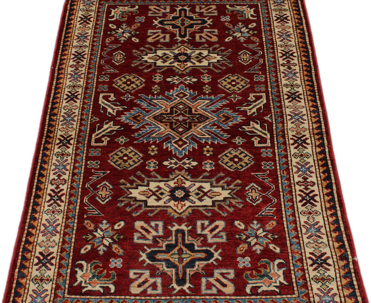 3x5 Burgundy and Ivory Kazak Tribal Rug