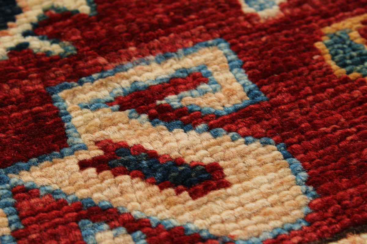 3x5 Burgundy and Ivory Kazak Tribal Rug