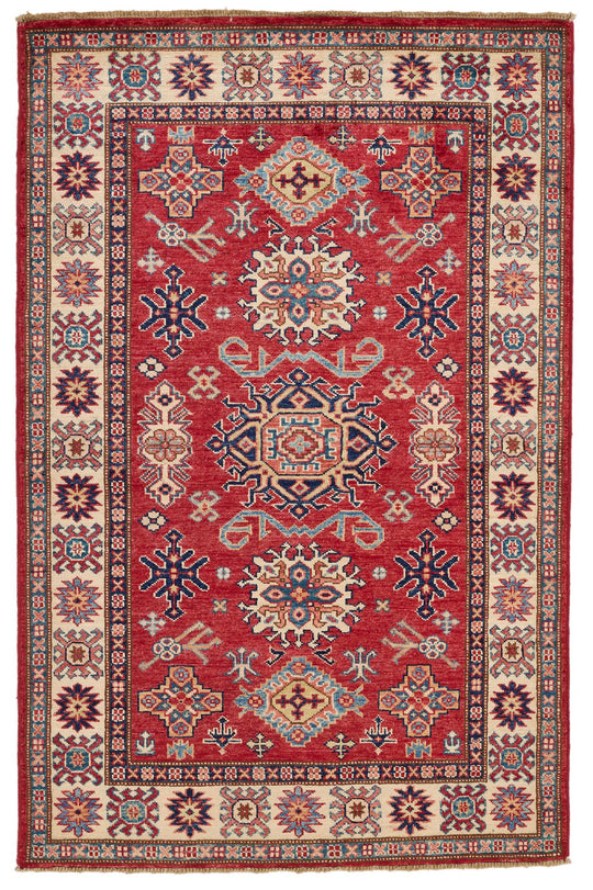 3x5 Red and Ivory Kazak Tribal Rug