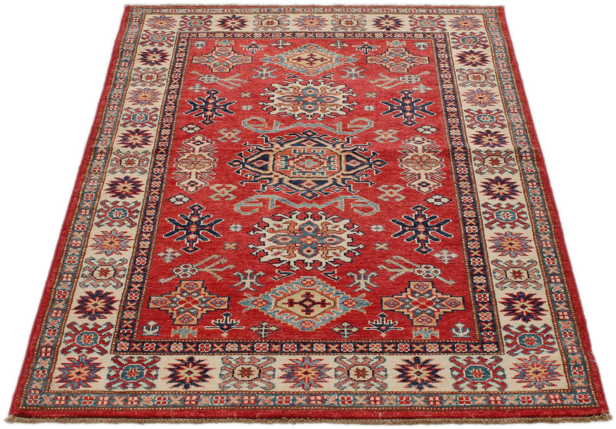 3x5 Red and Ivory Kazak Tribal Rug