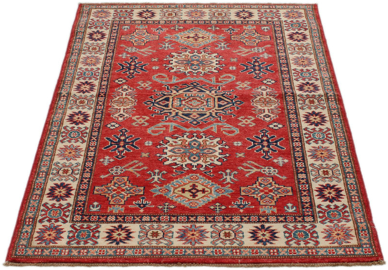 3x5 Red and Ivory Kazak Tribal Rug