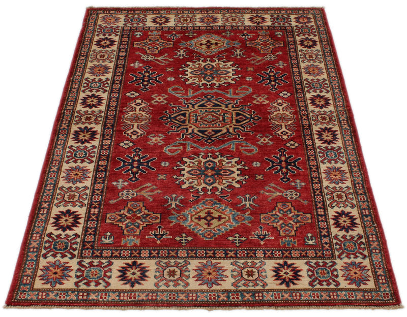 3x5 Red and Ivory Kazak Tribal Rug