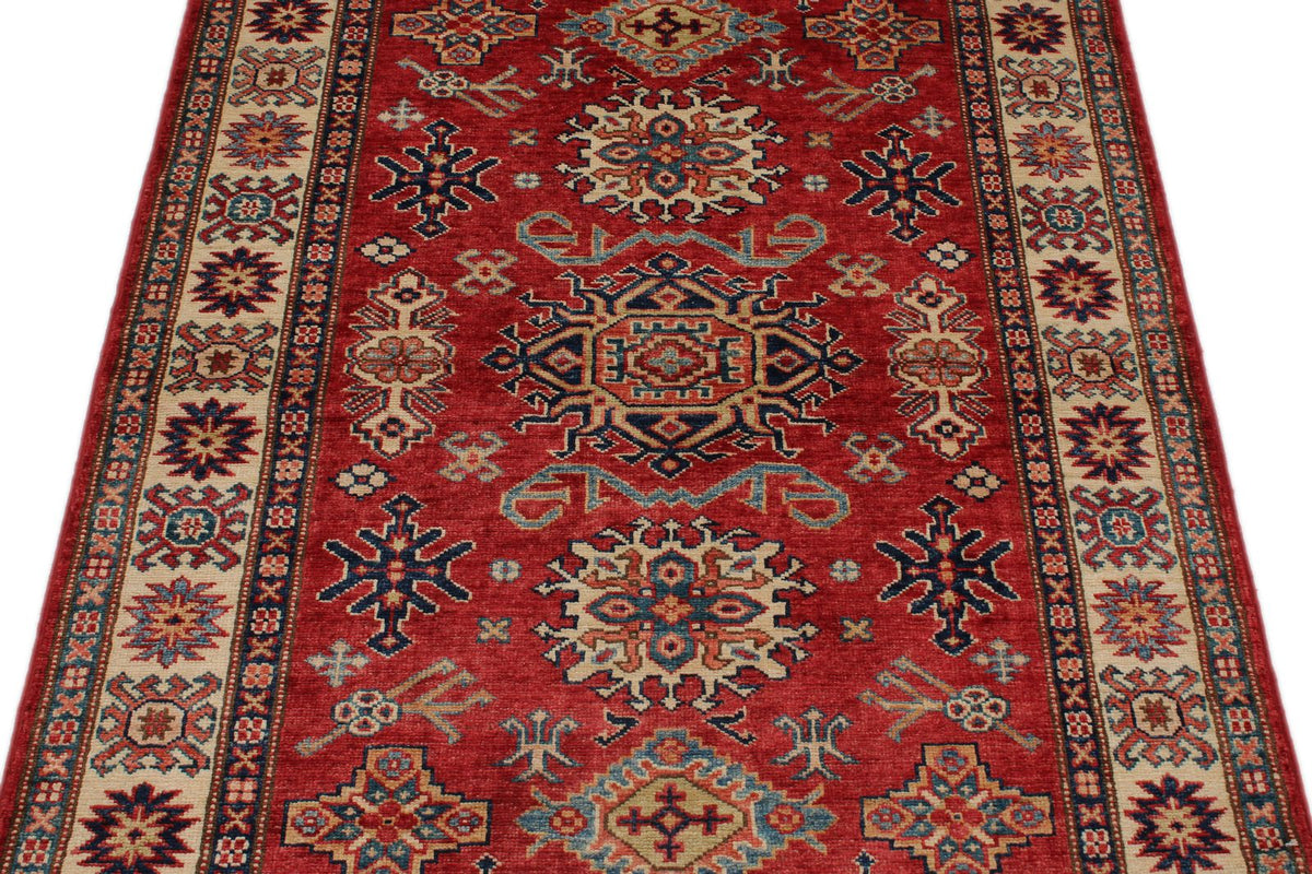3x5 Red and Ivory Kazak Tribal Rug