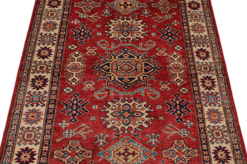 3x5 Red and Ivory Kazak Tribal Rug