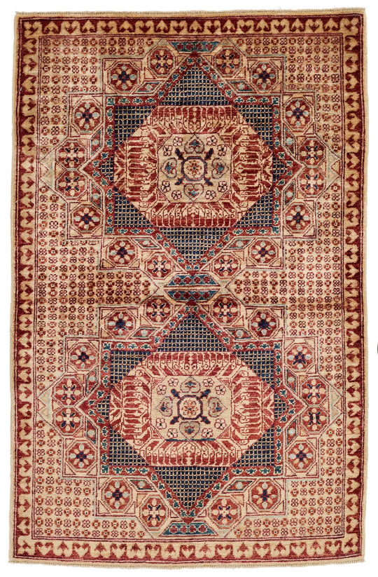 3x5 Ivory and Burgundy Turkish Tribal Rug