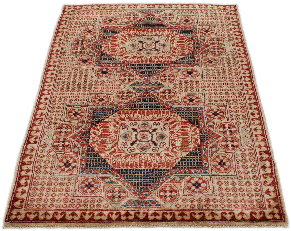 3x5 Ivory and Burgundy Turkish Tribal Rug