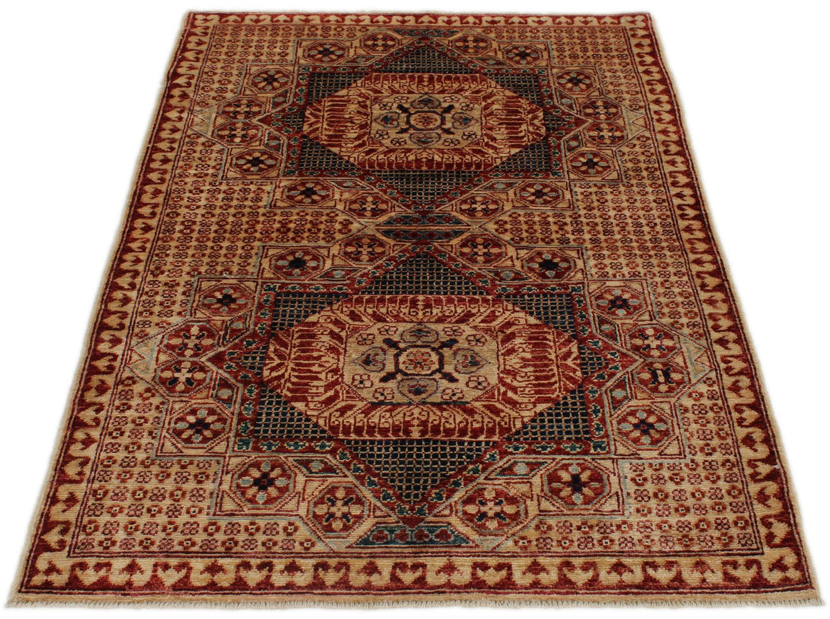 3x5 Ivory and Burgundy Turkish Tribal Rug