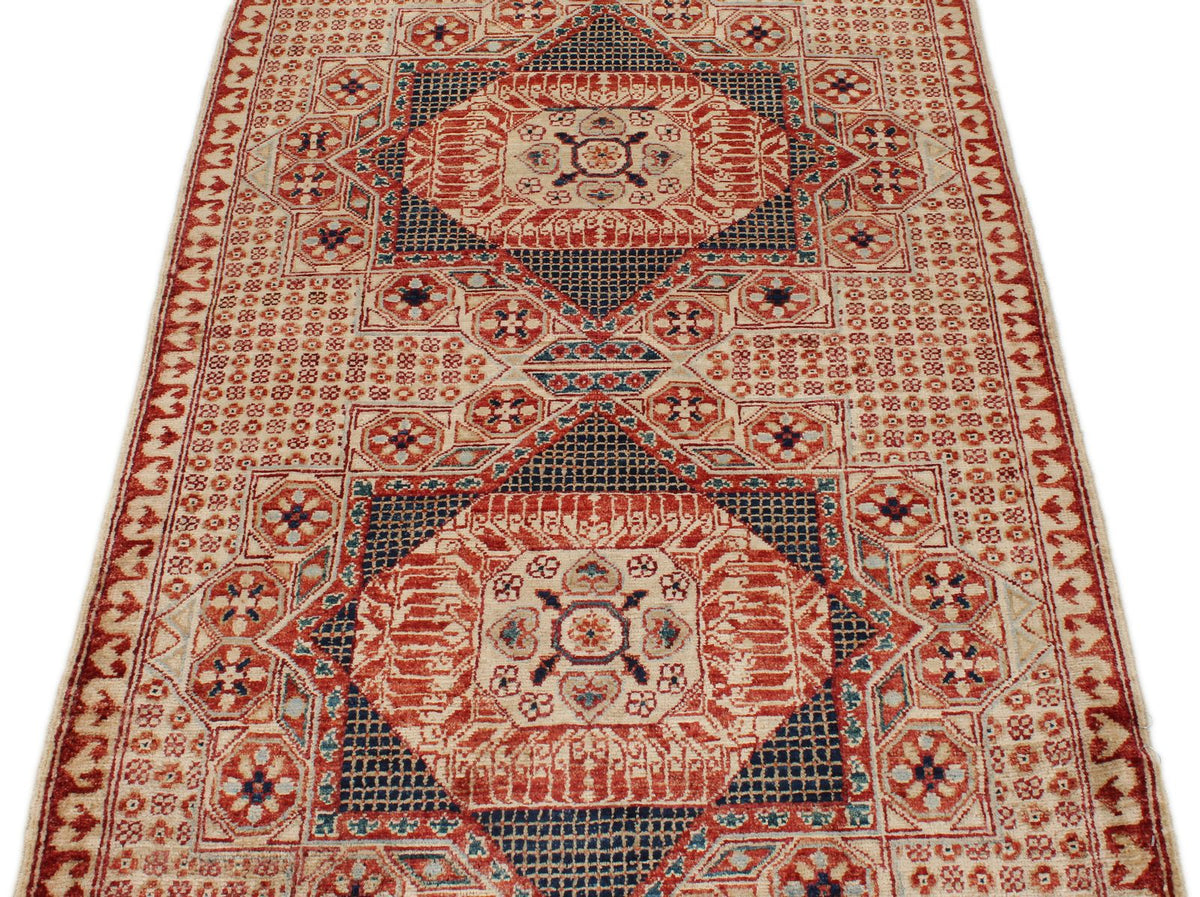 3x5 Ivory and Burgundy Turkish Tribal Rug