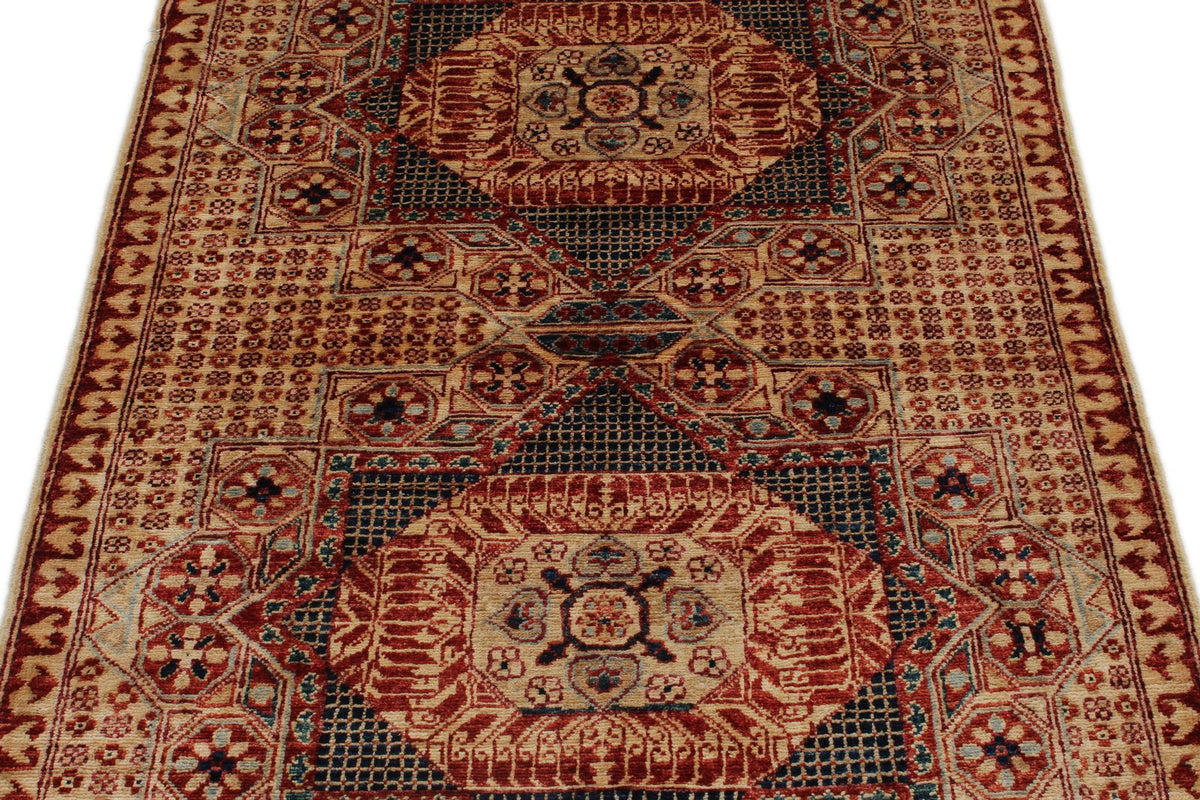3x5 Ivory and Burgundy Turkish Tribal Rug
