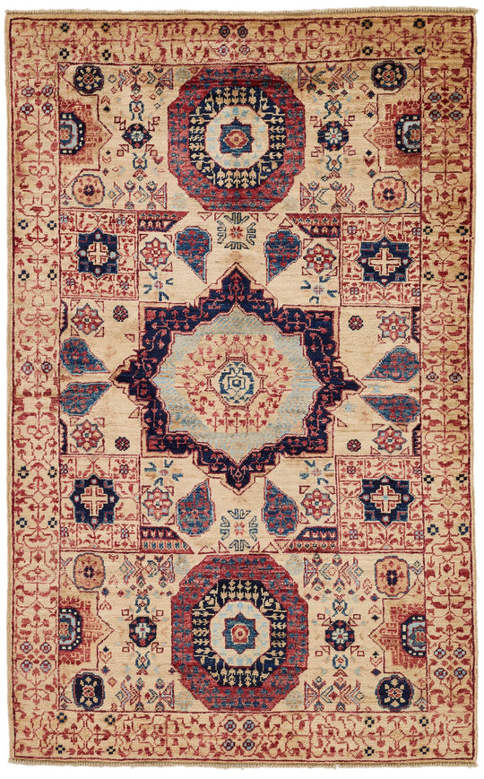 3x5 Ivory and Multicolor Turkish Tribal Rug