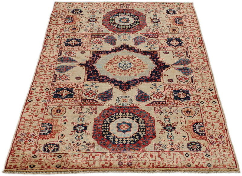3x5 Ivory and Multicolor Turkish Tribal Rug