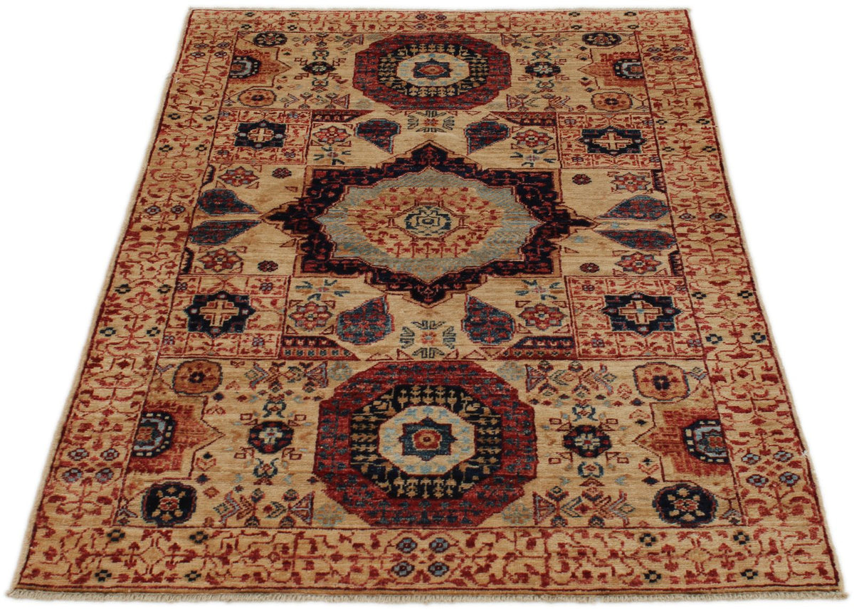 3x5 Ivory and Multicolor Turkish Tribal Rug