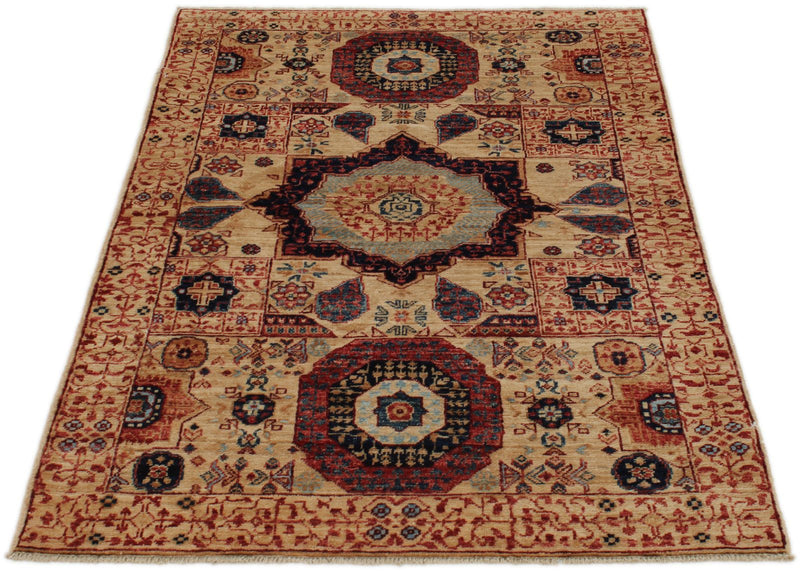 3x5 Ivory and Multicolor Turkish Tribal Rug