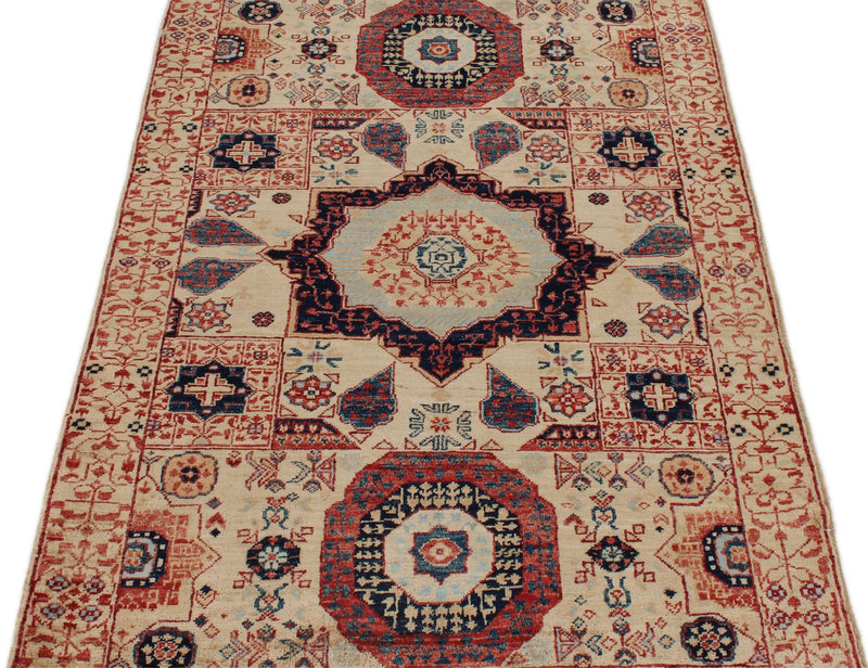 3x5 Ivory and Multicolor Turkish Tribal Rug